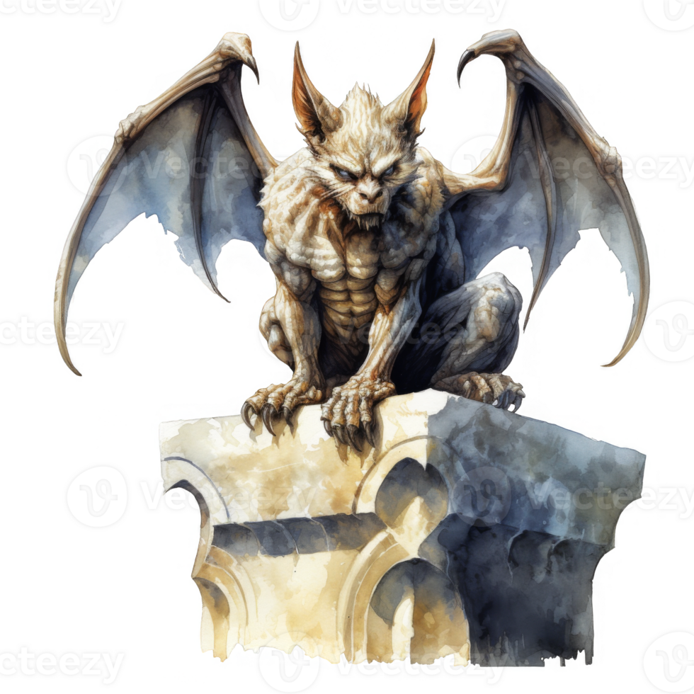 A Stone Gargoyle With Ferocious Expression and Spread Wings png