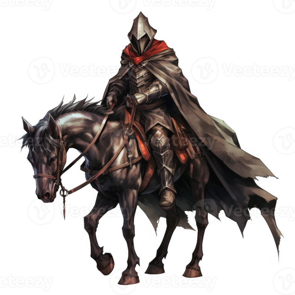 A cloaked knight on horseback in a fantasy setting png