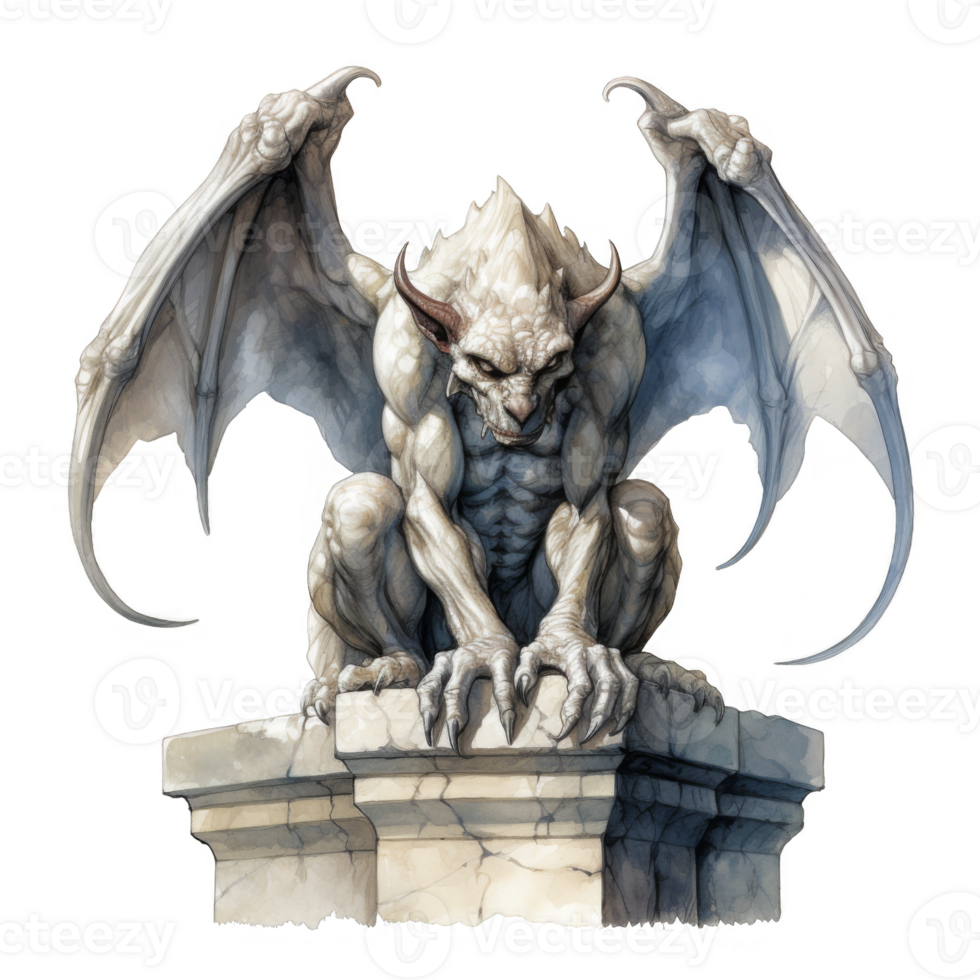 Stone Gargoyle with Wings Perched on a Stone Pedestal png