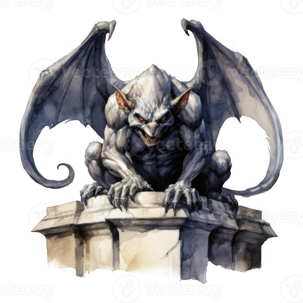 Watercolor Painting of a Stone Gargoyle with Wings png
