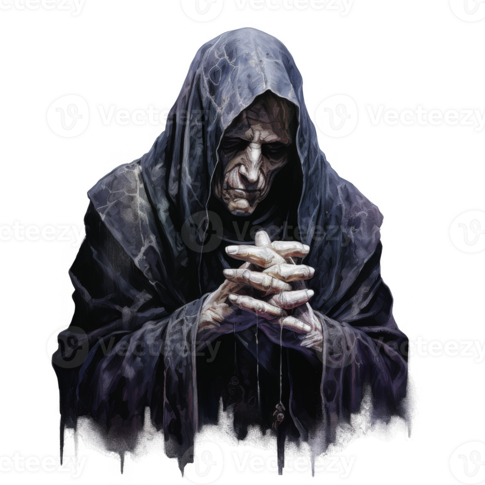 An elderly man with wrinkles, wearing a black hooded cloak, sits with his hands clasped png