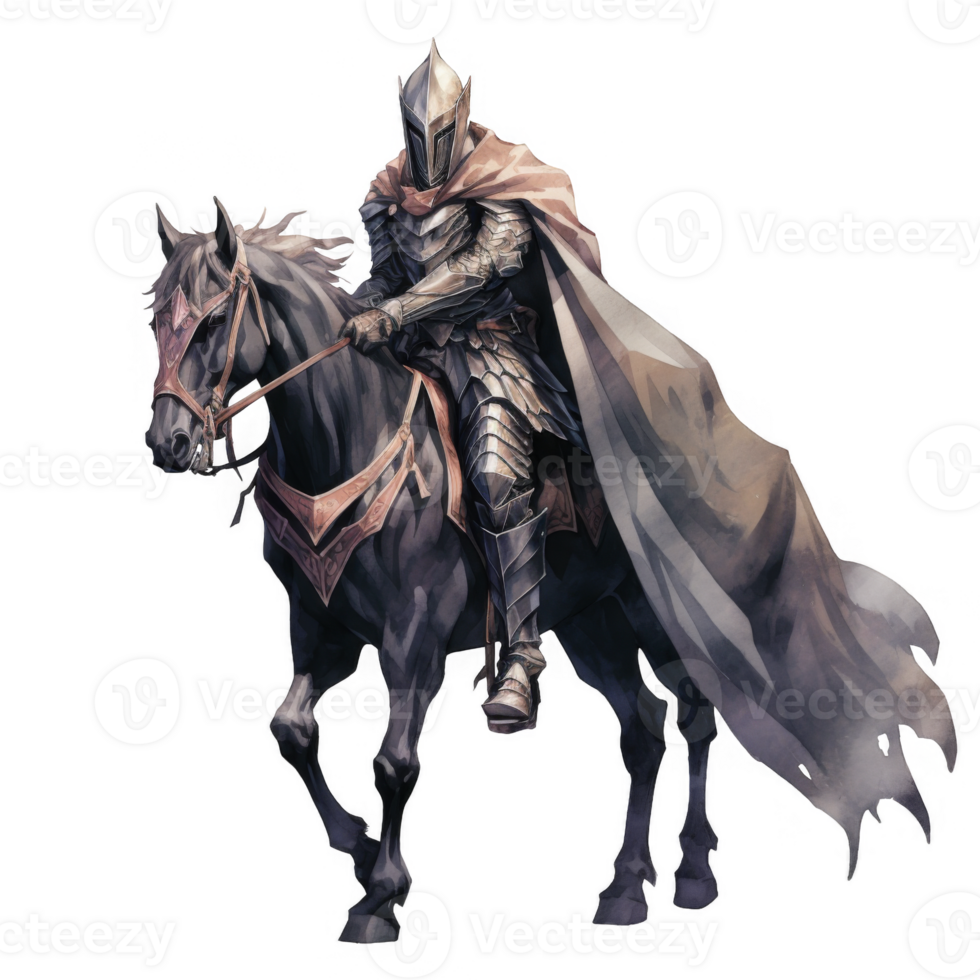 A knight in full armor riding a black horse with a flowing cape png