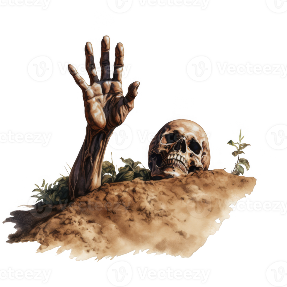 A hand reaching out of a grave with a skull png