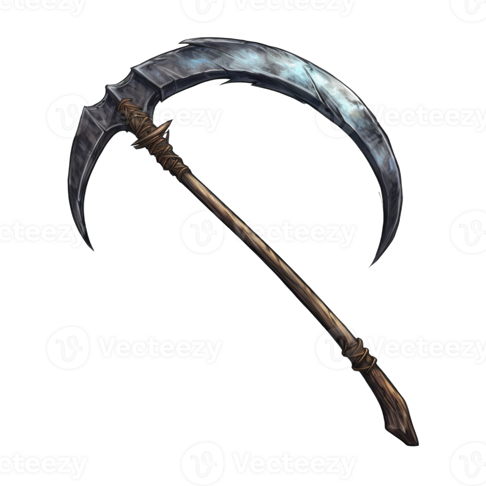 A Curved, Metal, Fantasy Weapon with a Wooden Handle and Leather Wrap png