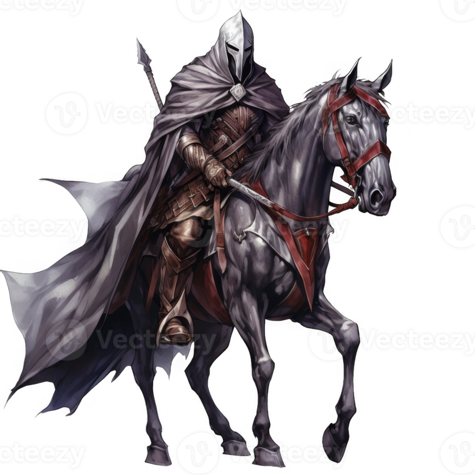 A hooded knight riding a grey horse, with a flowing cloak and a sword. png