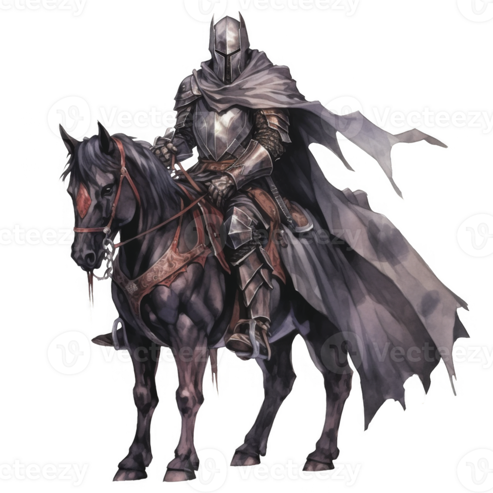 A knight in full armor riding a black horse with a flowing cloak png