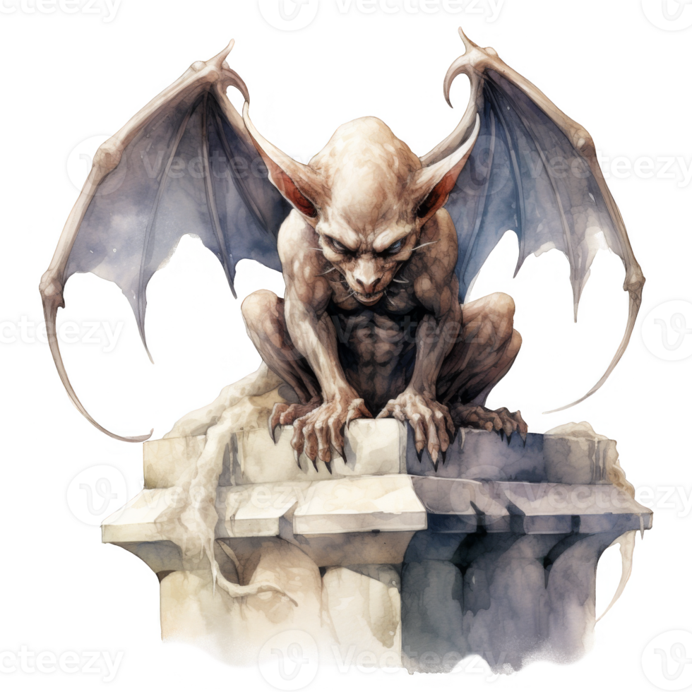 A Gargoyle with Wings Perched on a Stone Structure png