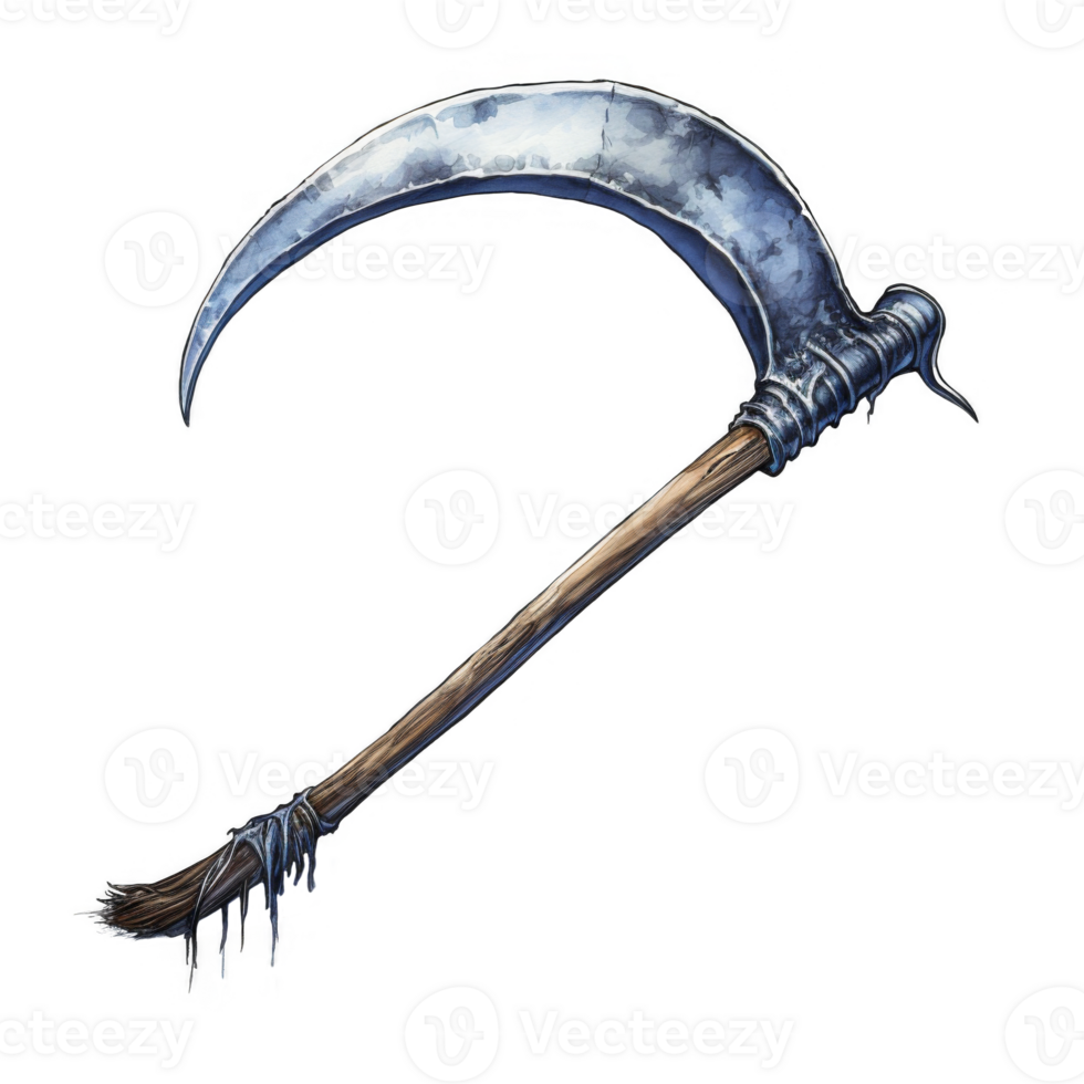A blue metal scythe with a worn wooden handle png