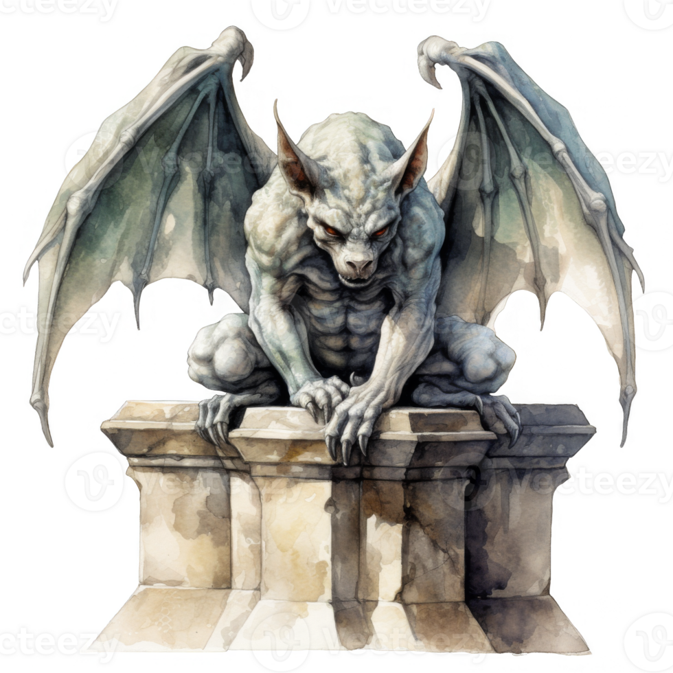 A Stone Gargoyle with Wings Perched on a Stone Pedestal png
