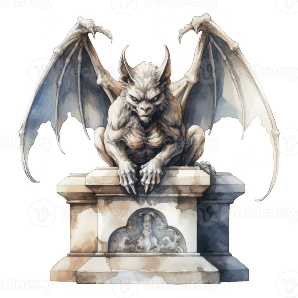 A Gargoyle with Spread Wings Resting on a Stone Plinth png