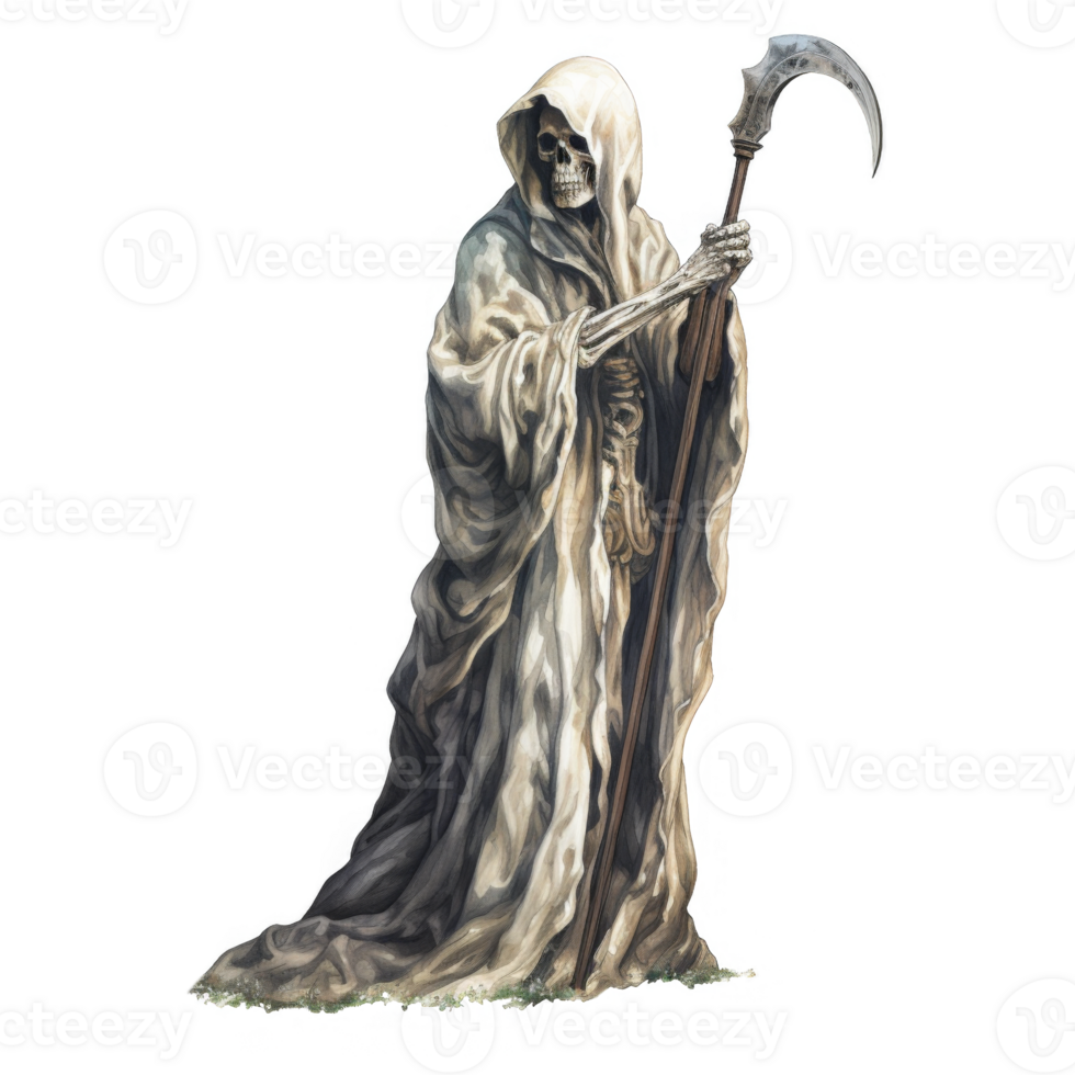 Skeletal Figure in a Hooded Robe Holding a Curved Scythe png