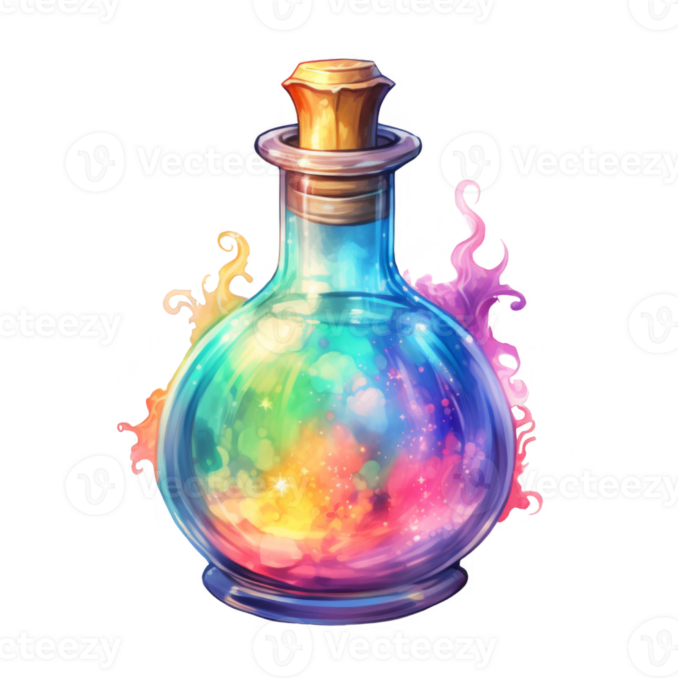 Glass Bottle Filled with Rainbow Galaxy-Like Liquid png