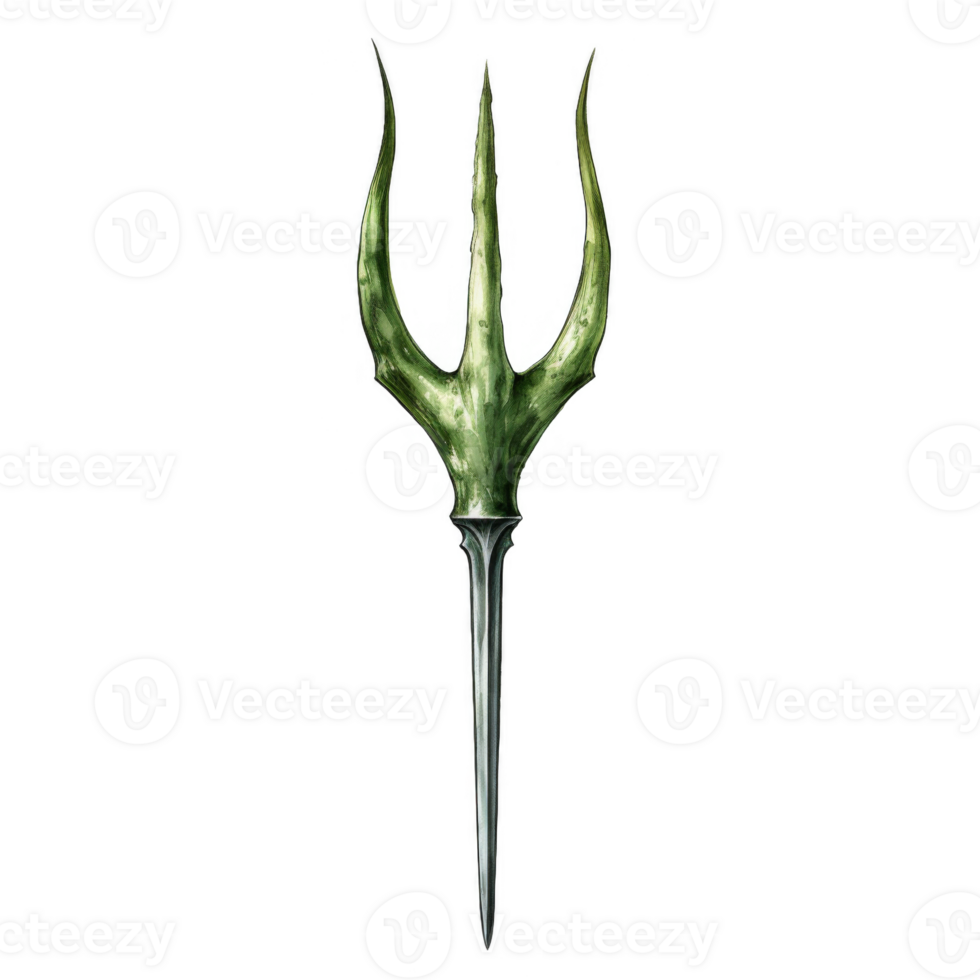 A three-pronged spear with a green, leaf-like design and a silver blade png