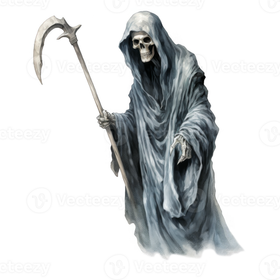 A skeletal figure in a grey robe holding a scythe png