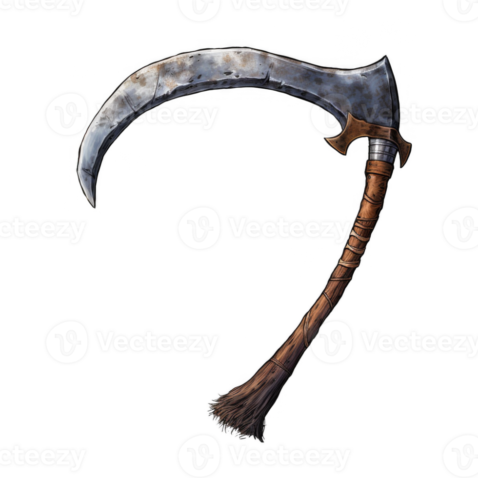A Rusty, Curved Blade Weapon with a Wrapped Wooden Handle and a Bristly End png