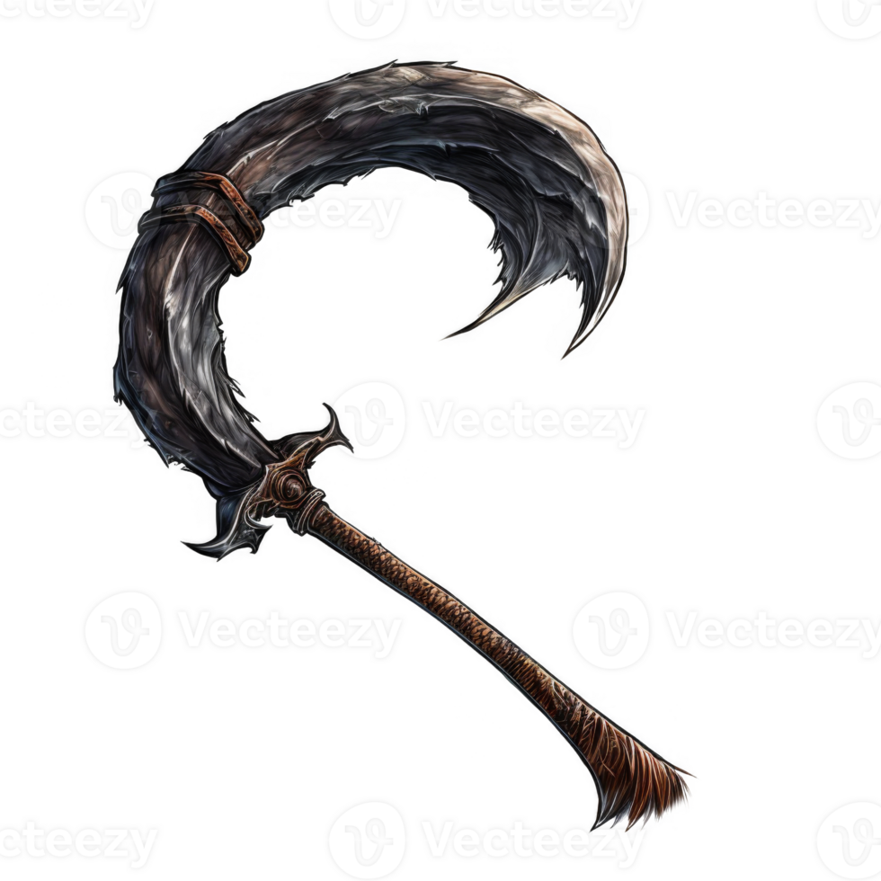 A Curved, Black Metal Blade Weapon with Brown Leather Strapping png