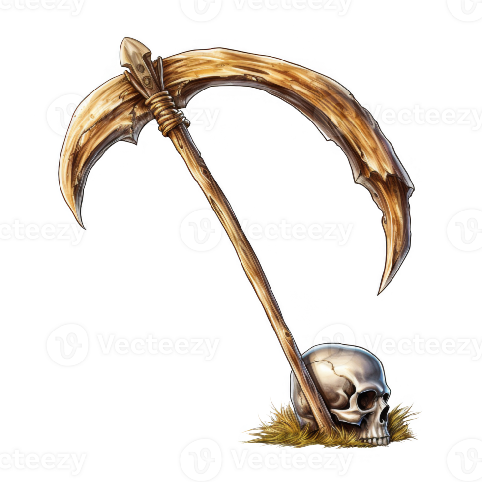 A Wooden Scythe Resting on a Skull and Grass png