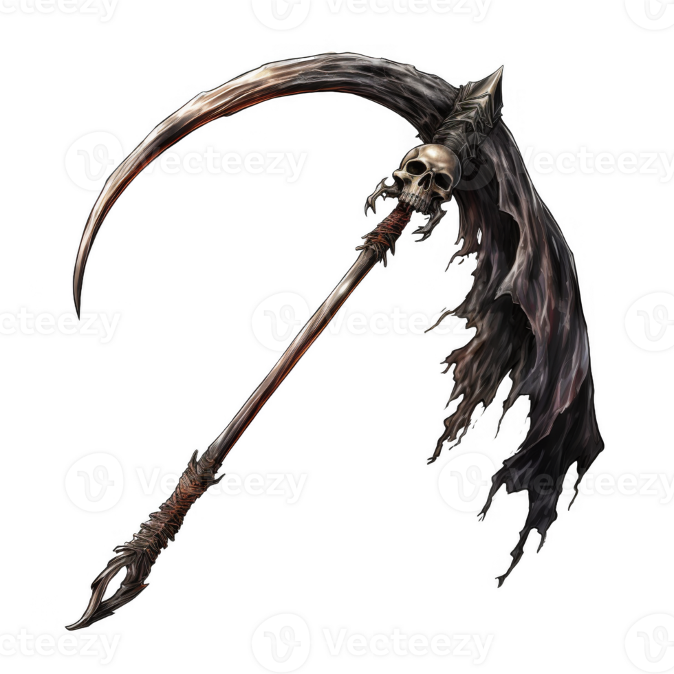 A Curved Scythe with a Skull at the Top png