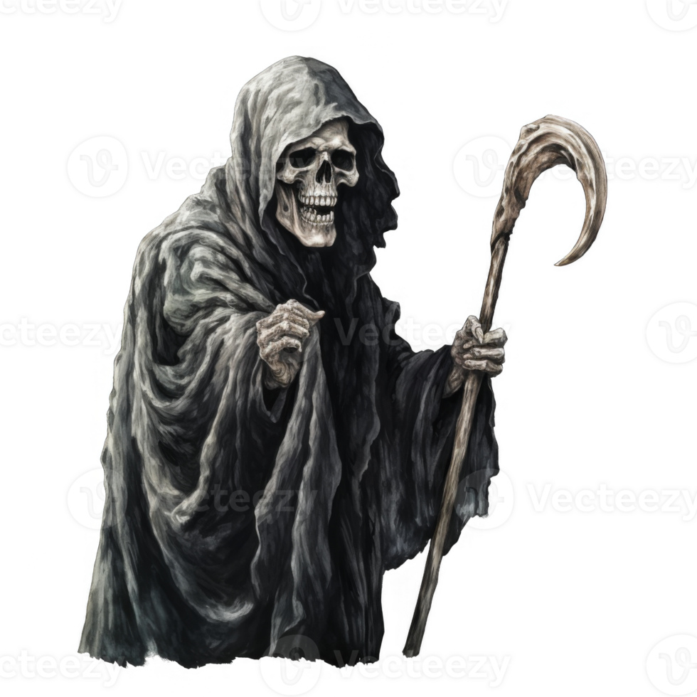 Grim Reaper with a Curved Staff and a Skull Face png