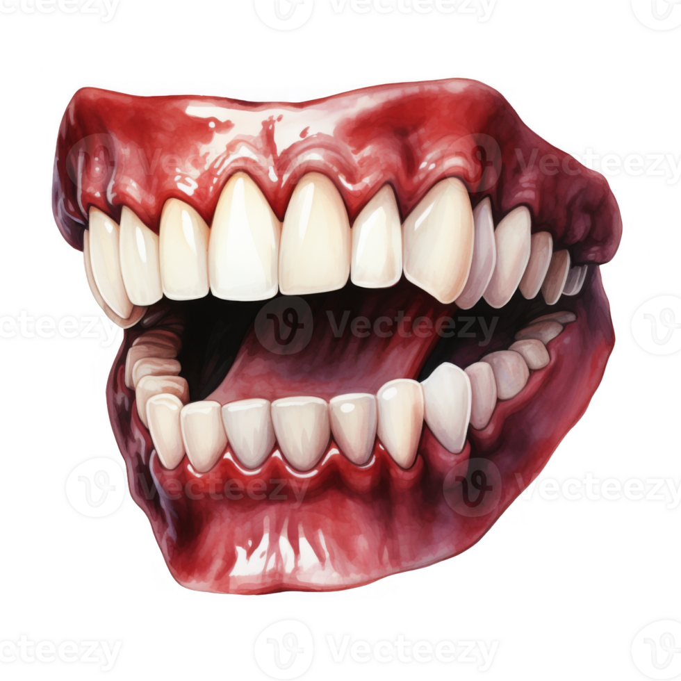 A Watercolor Illustration of an Open Mouth with White Teeth and a Pink Tongue png