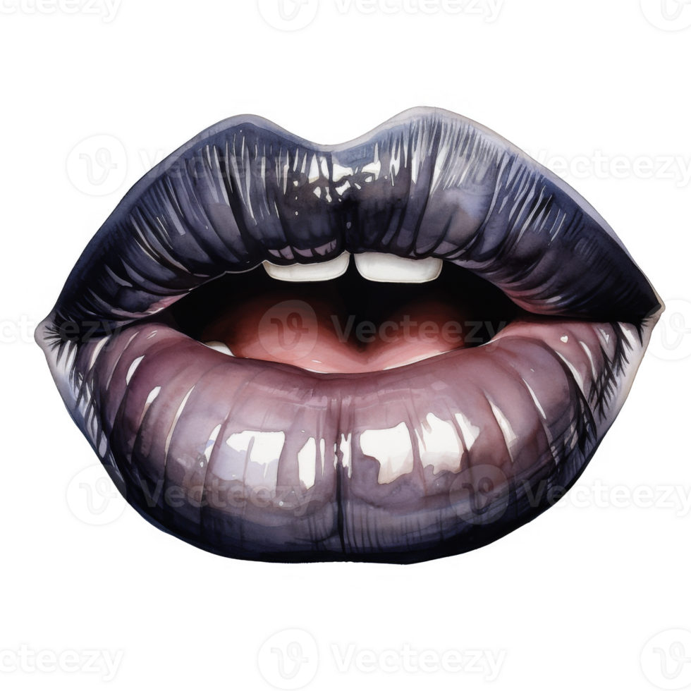 Watercolor Painting of a Close-Up View of Glossy Black Lips Slightly Open png