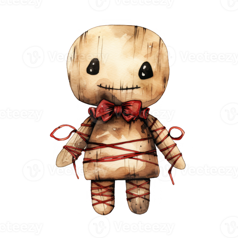 Watercolor illustration of a whimsical, stitched wooden doll with a red bow and red string tied around it png
