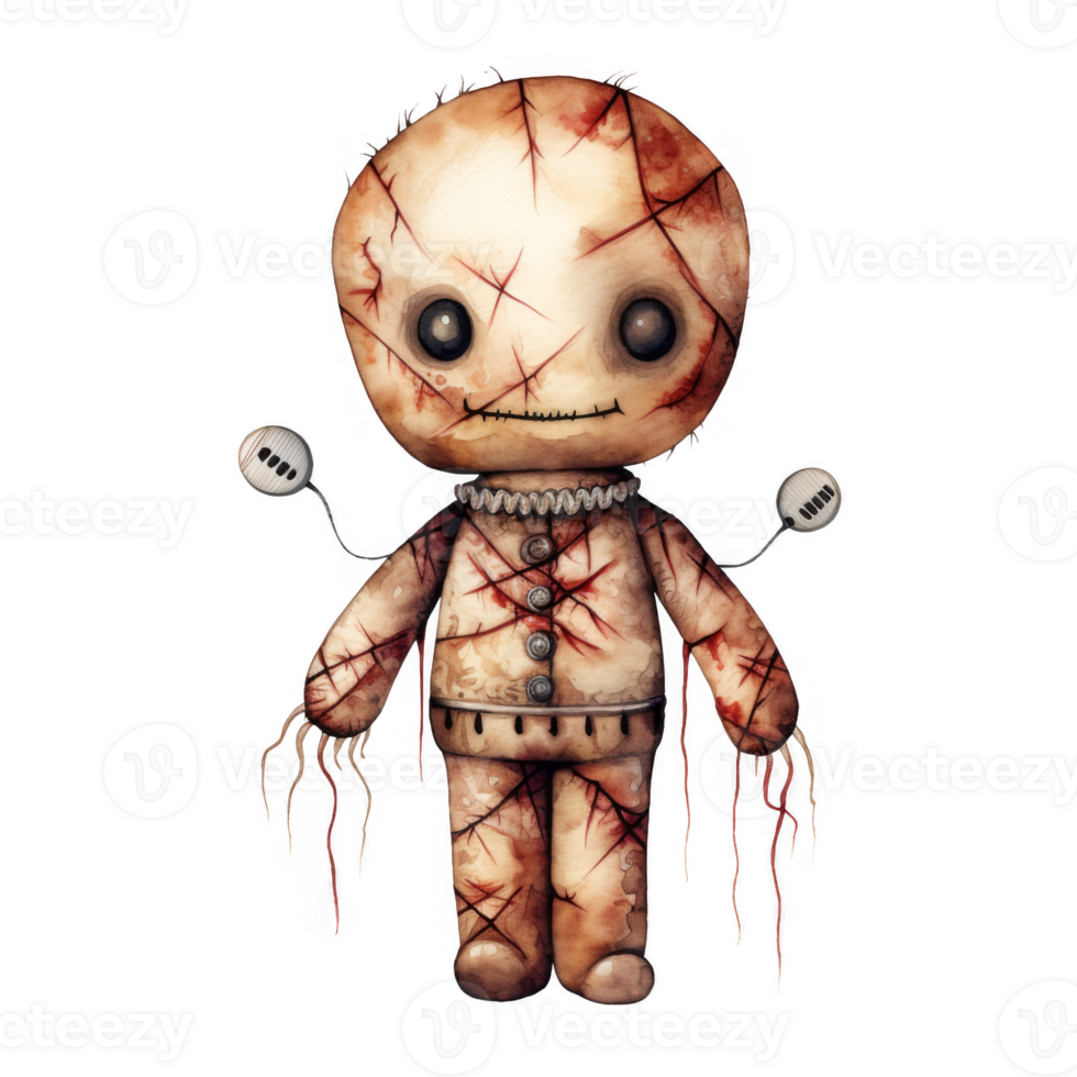 Watercolor Illustration of a Stitched-Up Doll with Stringy Limbs png