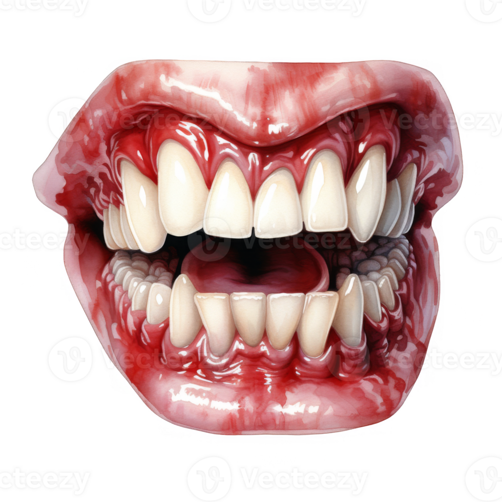 A Close-Up of a Bloody and Open Mouth with Sharp Teeth png