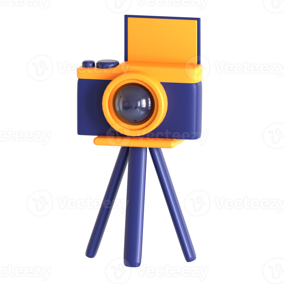 A toy camera on a tripod with a blue and yellow background png