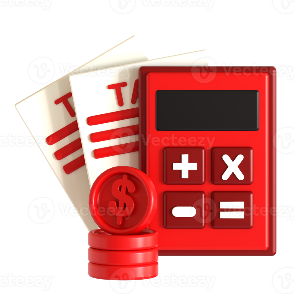 A red calculator, a stack of papers and a stack of money png