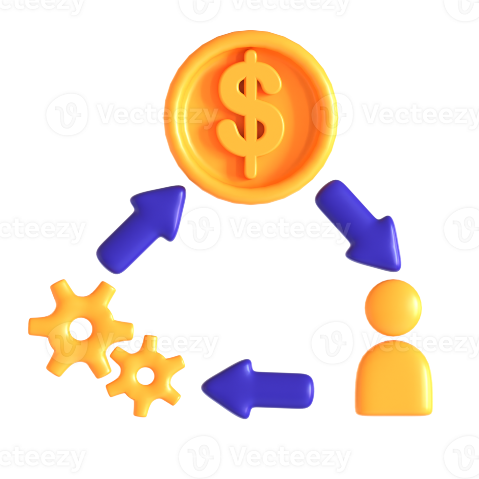 A person is standing next to a dollar sign and a gear png