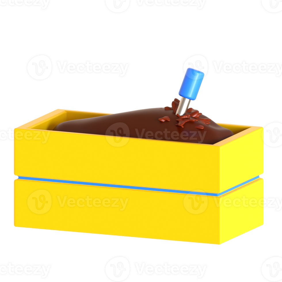 A chocolate cake in a yellow box with a blue toothpick png
