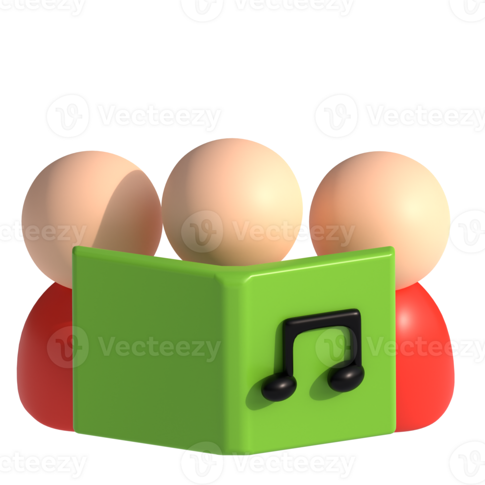 Three people are sitting around a green book with music notes png