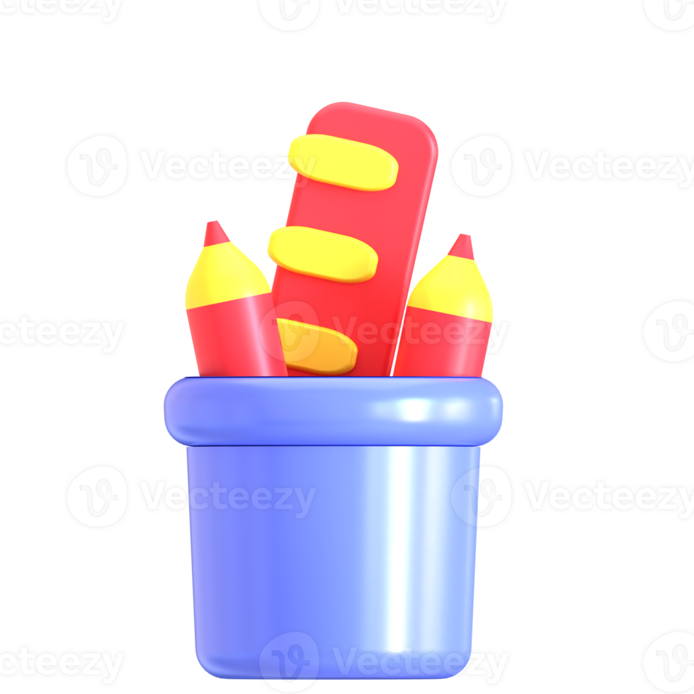 A blue bucket with two pencils and a red stick png