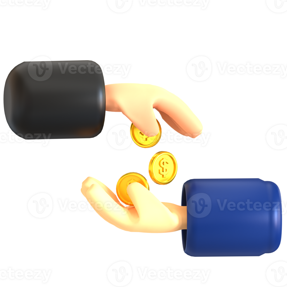 Two hands are holding coins and one is holding a black and blue hand png