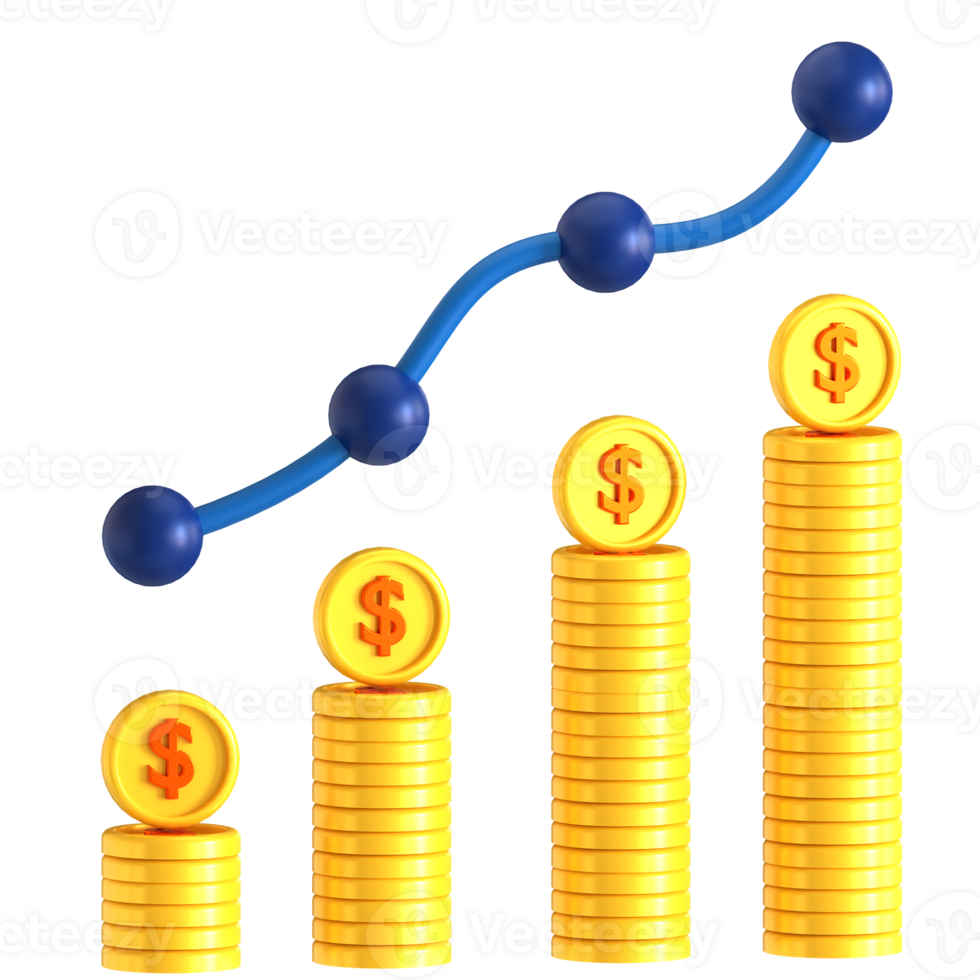 Golden coins stacked on a graph with a dollar sign png