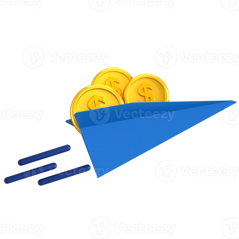 A blue paper airplane with coins on top png