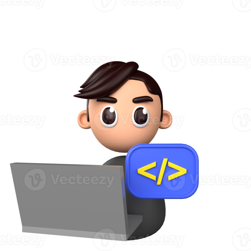 A cartoon man holding a laptop with a code symbol png