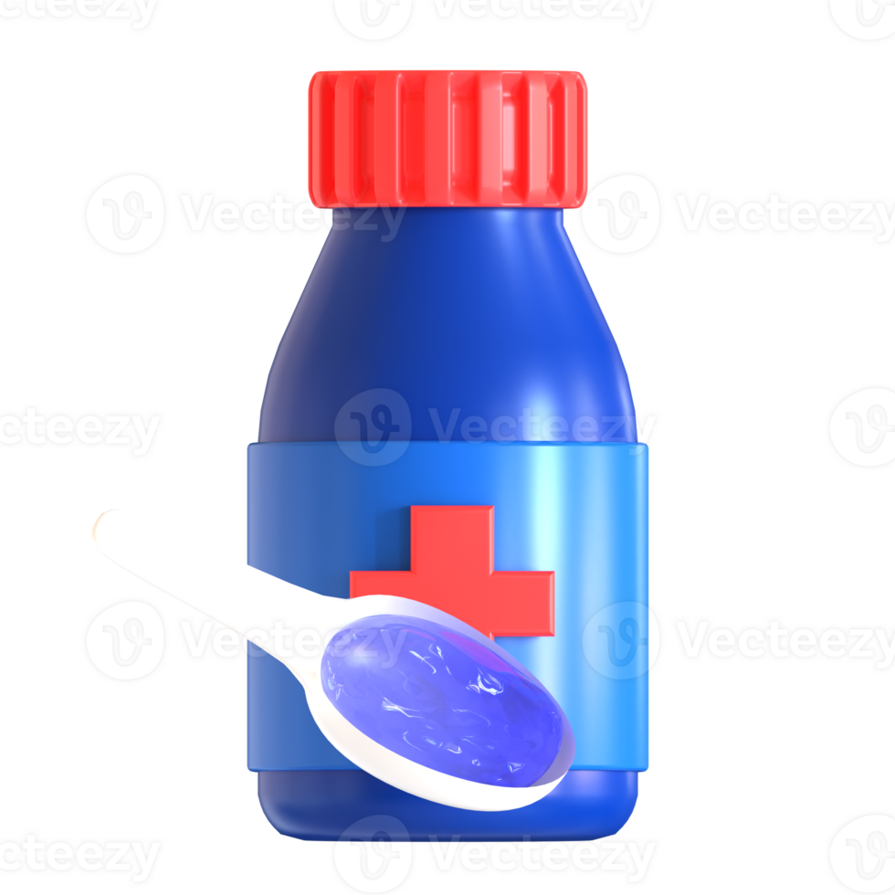 A bottle of medicine with a spoon png