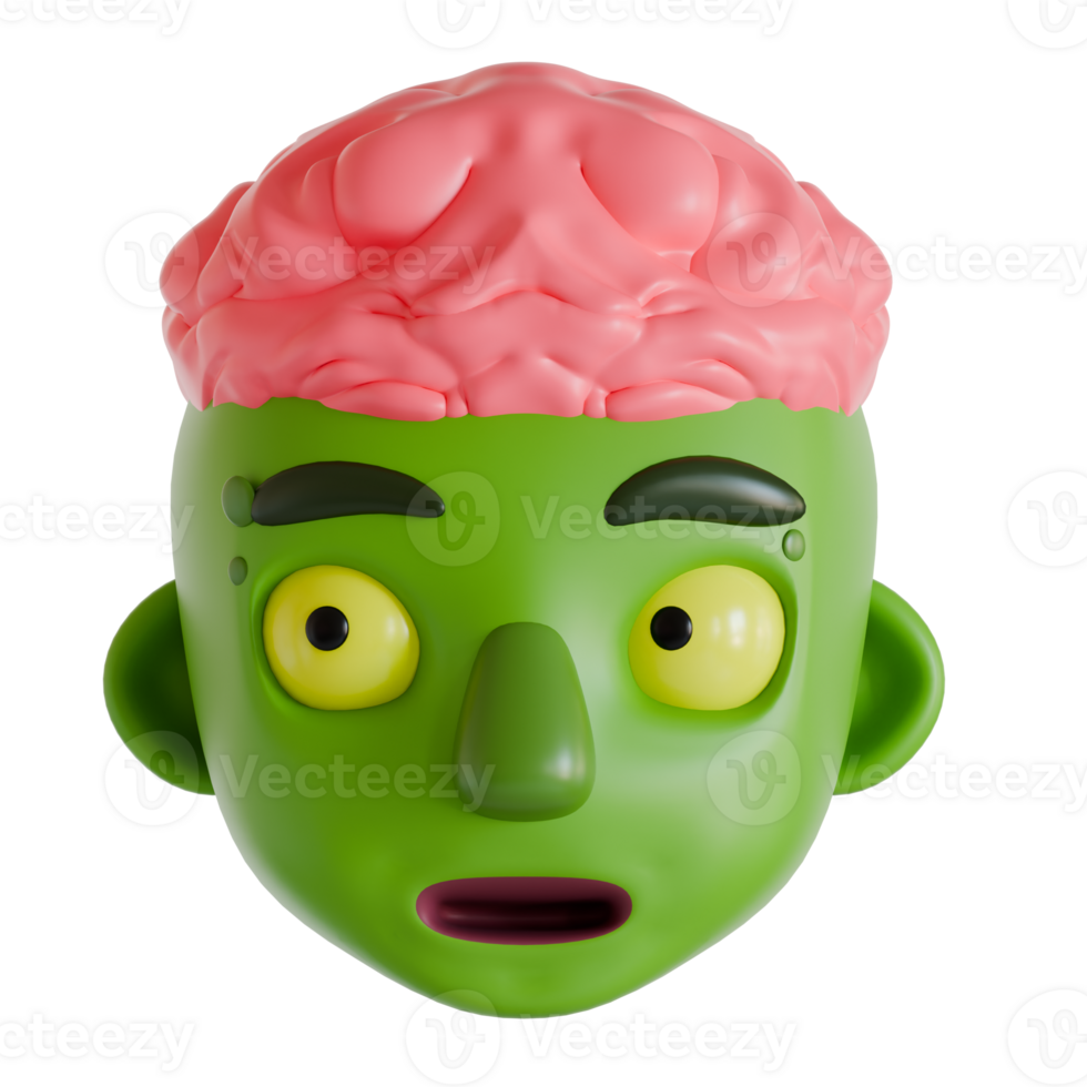 A green zombie head with a pink brain png