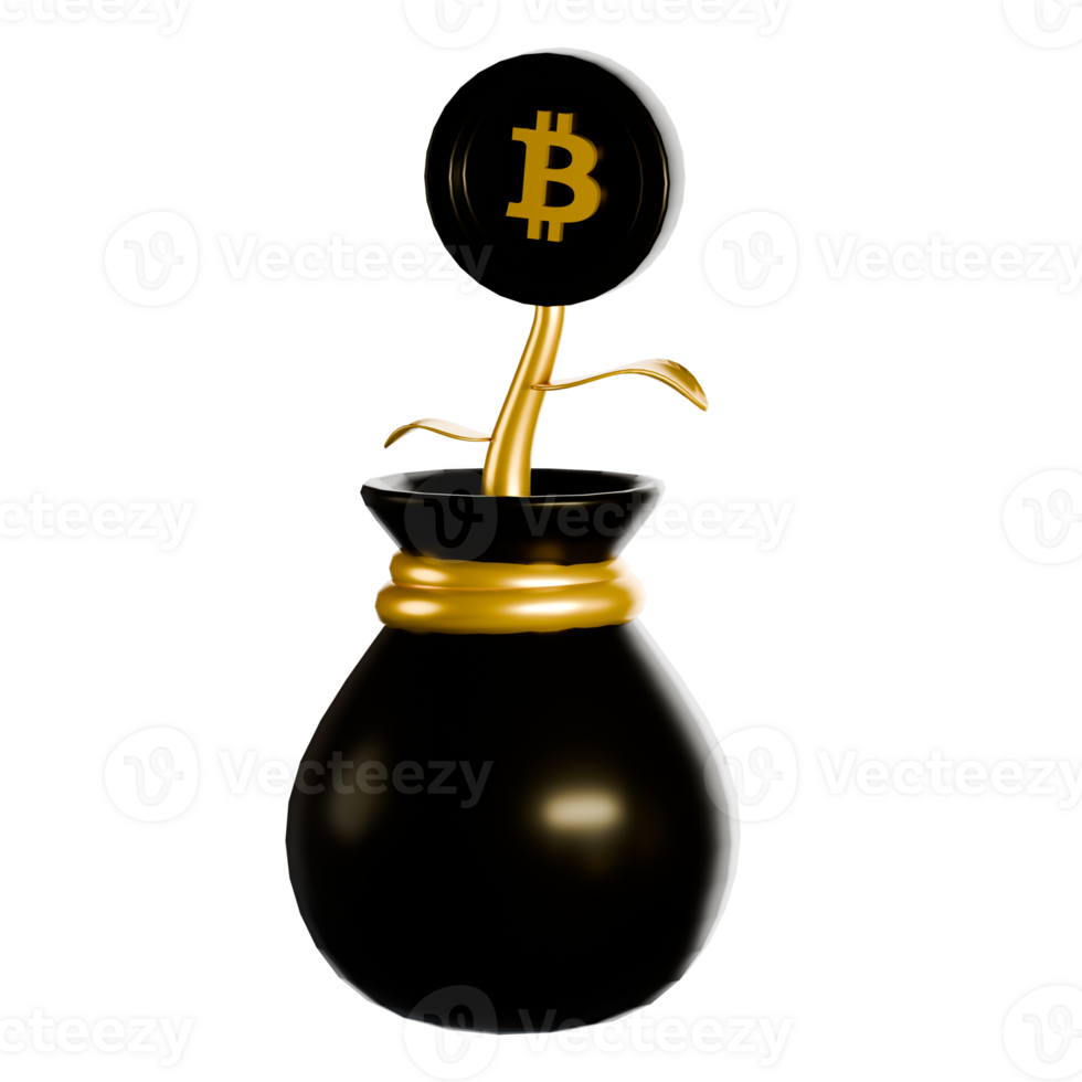 Bitcoin in a black vase with gold leaf png