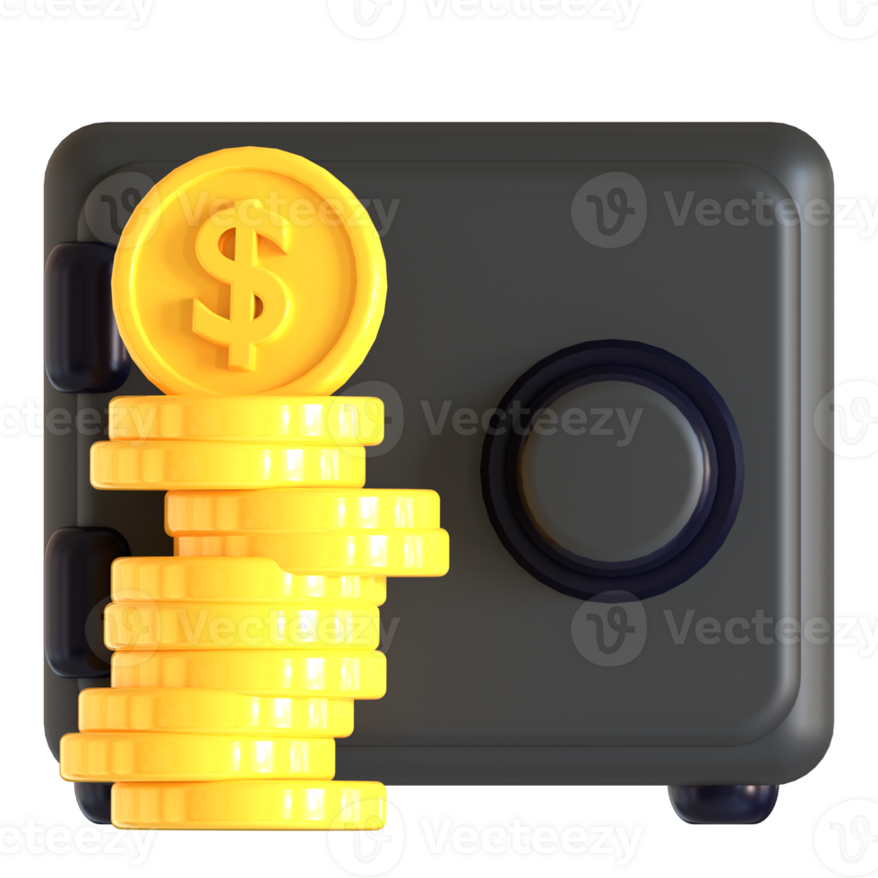A black safe with a stack of coins png