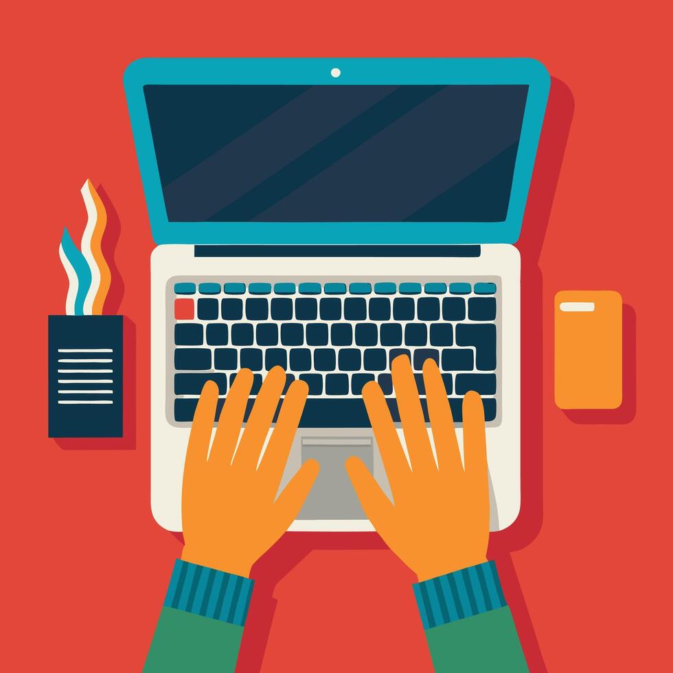 Writer writing on computer paper sheet , flat cartoon person editor write electronic book text top view, laptop with writing letter or journal story, journalist author working, education idea vector