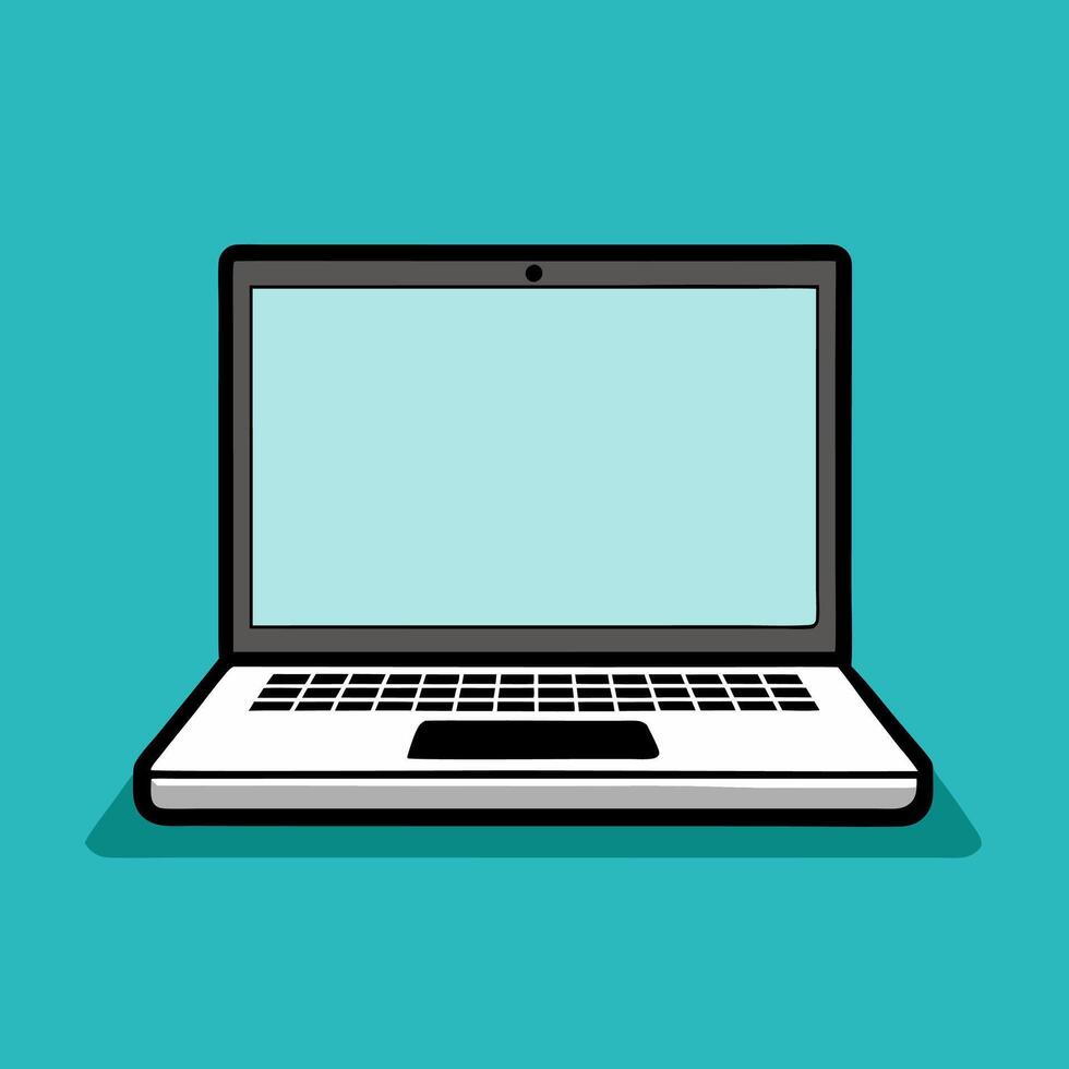 Computer laptop with blank empty screen for copy space text on working desk table or workplace illustration flat cartoon, pc with empty display work place office modern design vector