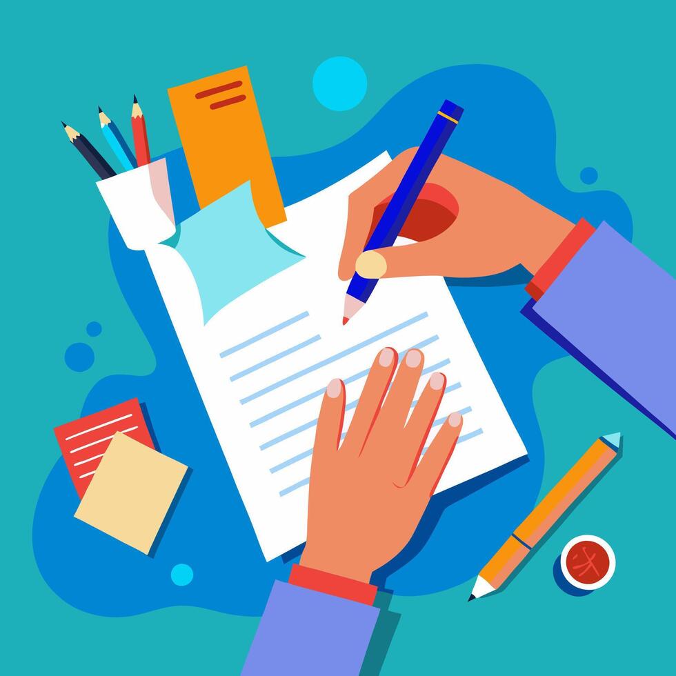 Writer writing on paper sheet illustration, flat cartoon person hands with pen on working table with text, workplace top view, desktop with writing letter story, journalist author workspace vector