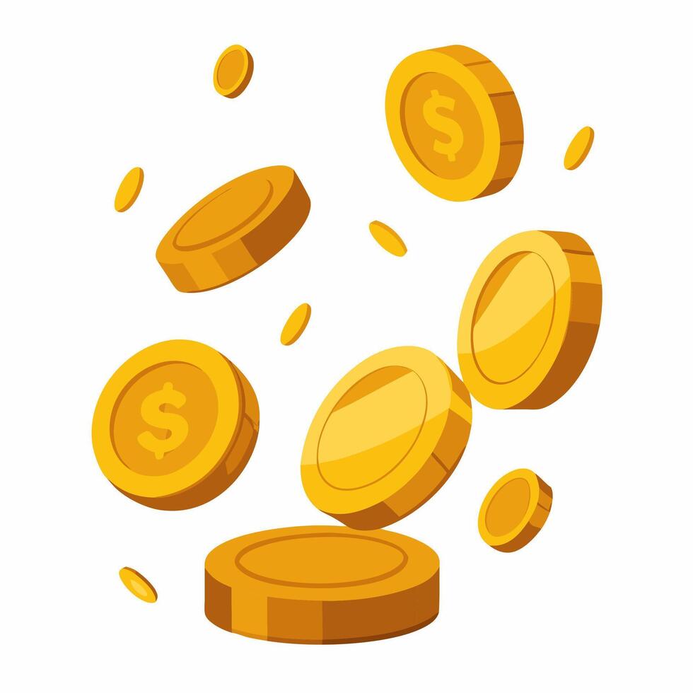 Coins money falling illustration, flat style flying gold coins isolated on white background vector