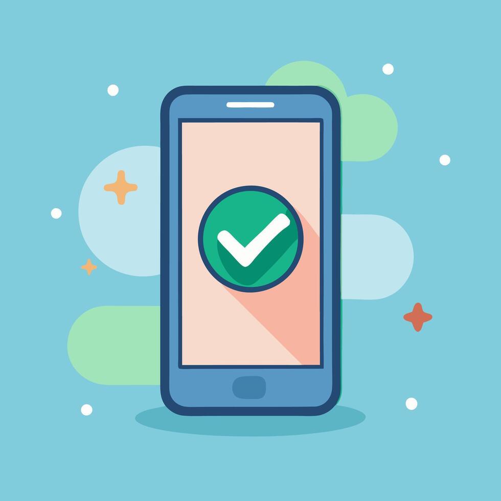 Smartphone and checkmark notice , flat cartoon mobile phone approved tick notification, idea of successful update check mark, accepted, complete action on cellphone, yes or positive vote vector