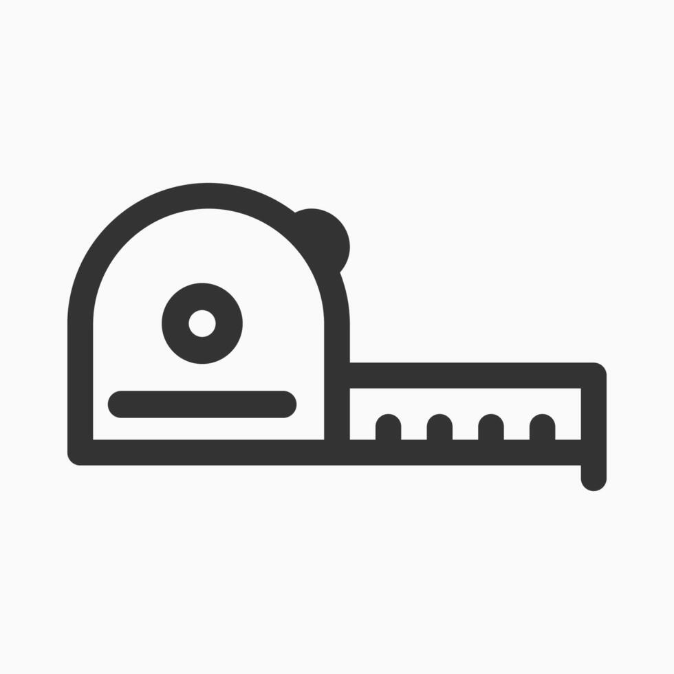 A black and white line icon of a measuring tape vector