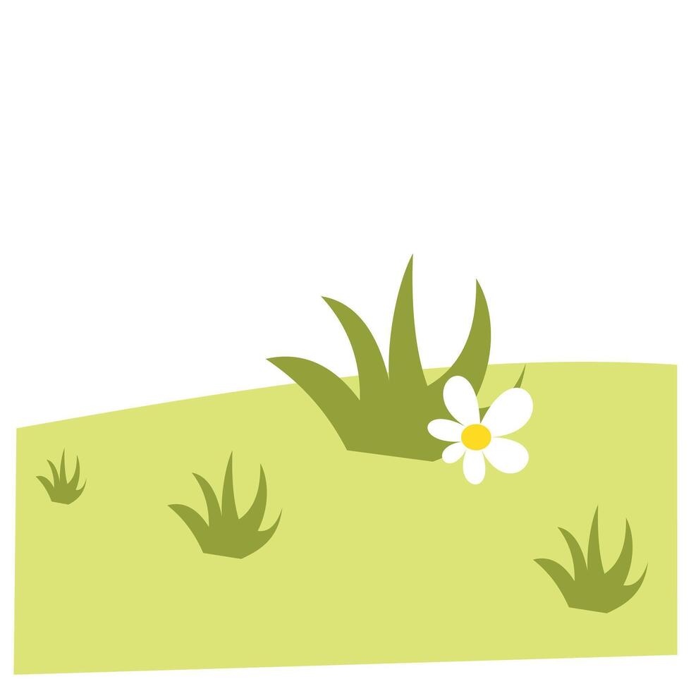 Flower on a green meadow with grass. Nature background with tree stump and grass. Grass meadow illustration in cartoon style. Natural background with large logs. Shady garden view vector