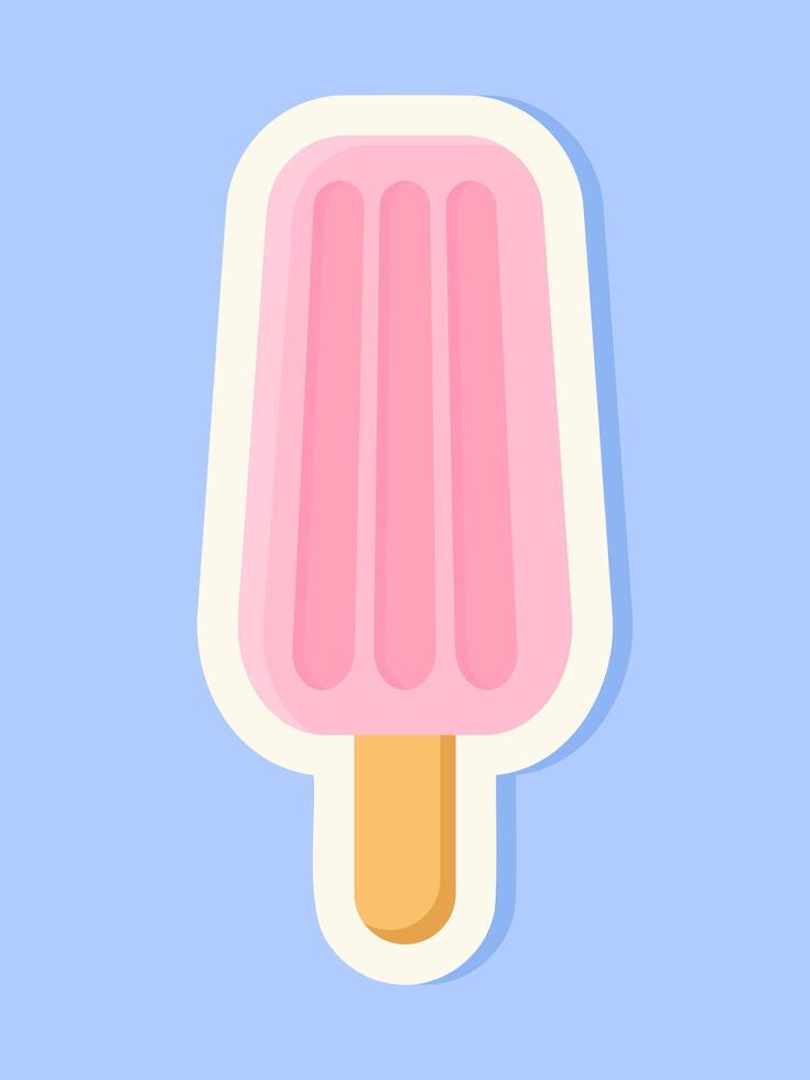 Pink ice cream on a stick isolated on a blue background as a sticker. vector